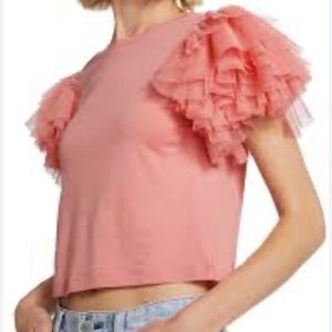 Gently used Alice & Olivia t shirt, peach/pink color, size XL